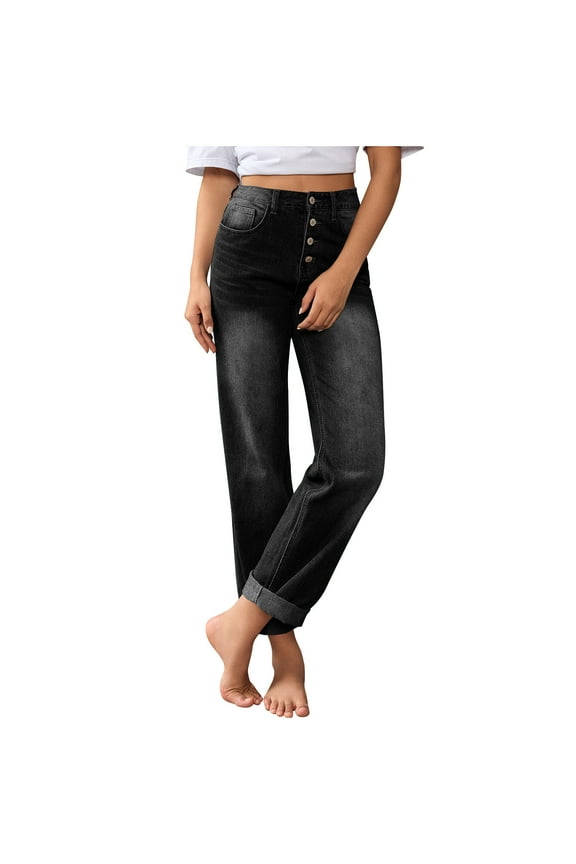 Jeans for Women,Spring/Fall High Waisted All Straight Leg Wide Leg Loose Microelastic Denim Pants Black L(L)