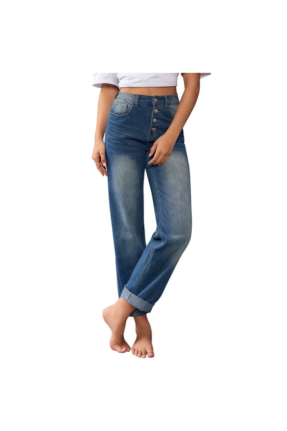 Jeans for Women,Spring/Fall High Waisted All Straight Leg Wide Leg Loose Microelastic Denim Pants Blue S(S)