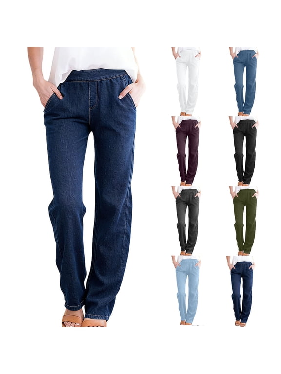 Jeans for Women Trendy High Waisted Pull on Elastic Waist Stretchy Denim Baggy Pants with Pockets White