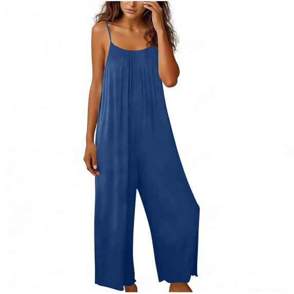 FRSASU Jumpsuits for Women Casual Summer Cotton Linen Rompers Comfy Beach Vacation Trendy Overalls Jumpers Blue