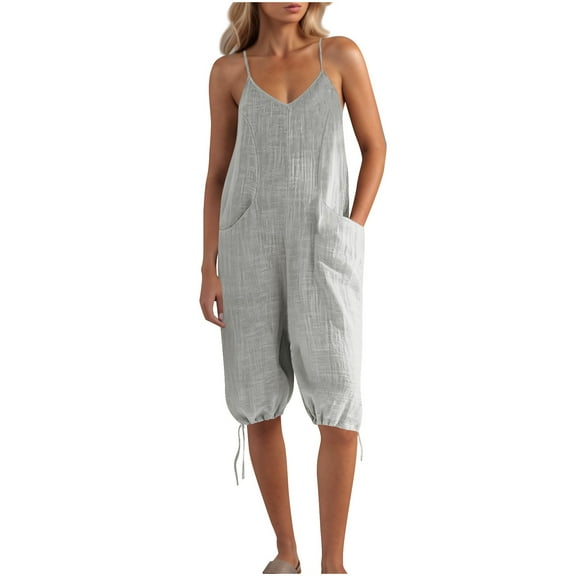 FRSASU Jumpsuits for Women Casual Summer Solid Overalls Sleeveless Pocket Spaghetti Strap Romper Jumpers Trendy Beach Vacation Outfits Gray