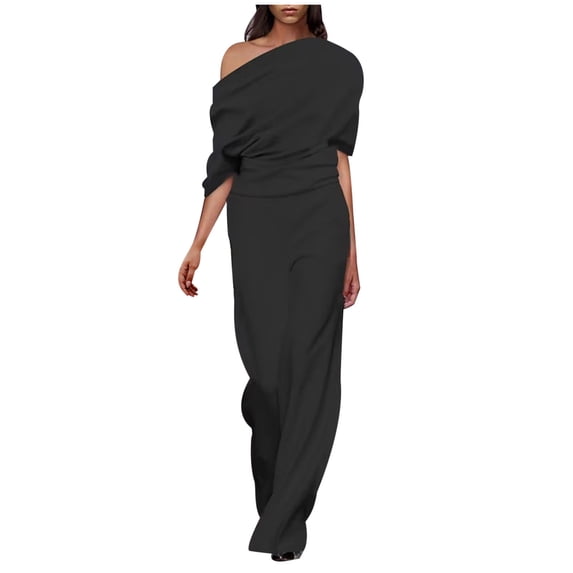 FRSASU Jumpsuits for Women Dressy Long Sleeve off Shoulder One Piece Wide Legs Rompers Casual Spring Outfits Black