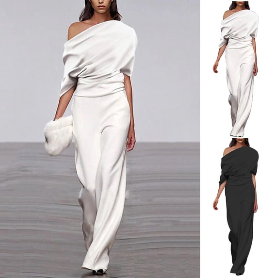 FRSASU Jumpsuits for Women Dressy Long Sleeve off Shoulder One Piece Wide Legs Rompers Casual Spring Outfits White