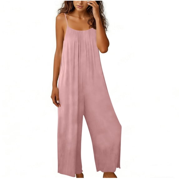 FRSASU Jumpsuits for Women Fashion Backless Sleeveless Spaghetti Strap Wide Leg Rompers Casual Summer Overall Jumpers Pink