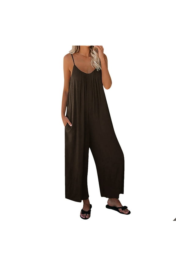 Jumpsuits for Women Solid Casual Spring Fall Clothes Sleeveless Loose Spaghetti Strap Overalls Jumpers with Pockets Coffee