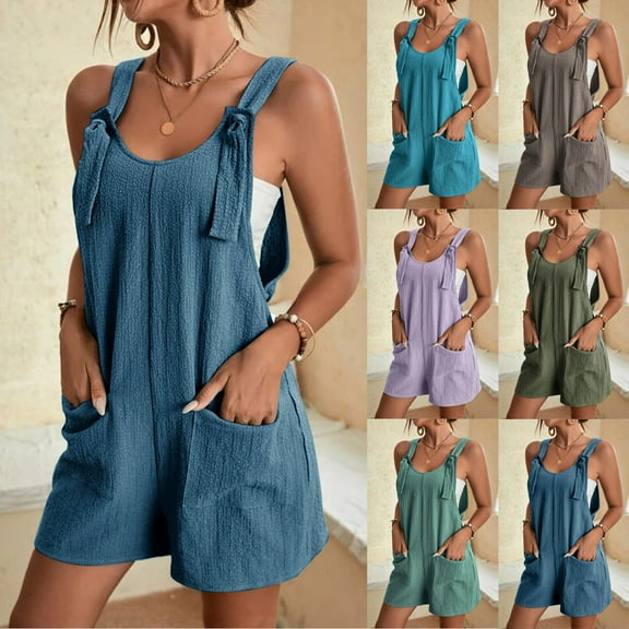 FRSASU Jumpsuits for Women Summer Overalls Solid Casual Sleeveless Loose Women's Suspender Short Jumpsuit Sky Blue 10(XL)