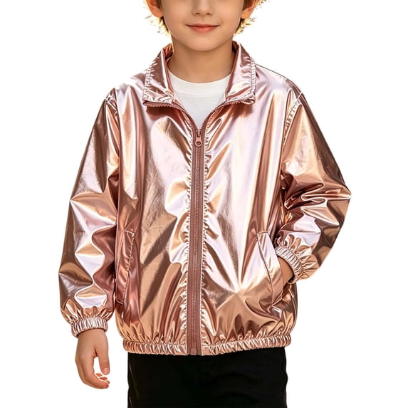 FRSASU Kids Boys Shiny Metallic Stand Collar Jacket Zip‑Up Long‑Sleeve Windbreaker Glitter Coat Birthday Party Stage Performance Daily Wear with Pockets Pink