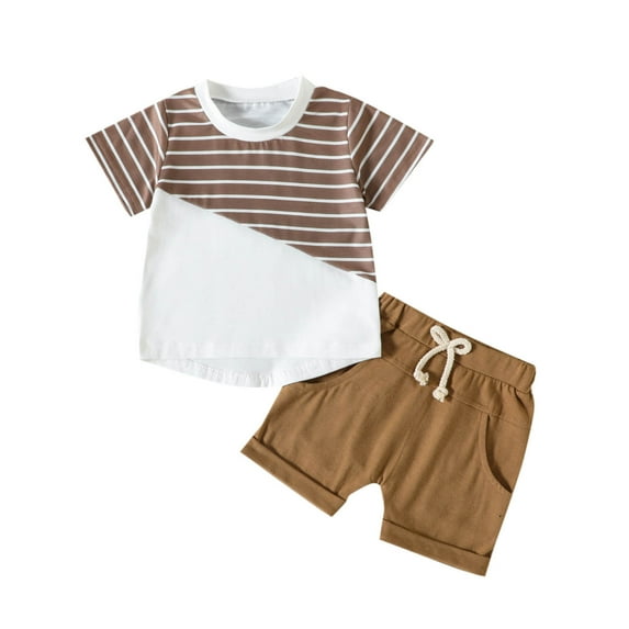 FRSASU Kids Clothes ,Toddler Baby Boys Short Sleeve Stripe Print Casual Pocket Shorts Suit Coffee 2-3Years