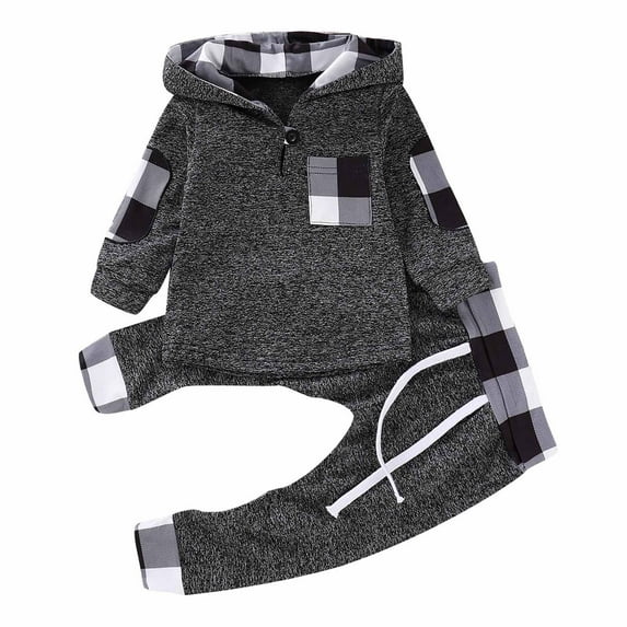 FRSASU Kids Clothing Clearance Autumn Spring Baby Girls Boys Infant Letter Printed Plaid Splicing Long Sleeve Hoodie Top and Trousers
