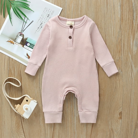 FRSASU Kids Clothing Born Spring and Clothes Comfortable Solid Color Round-Neck Rompers Pink 3-6 Months