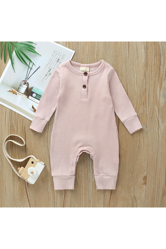Kids Clothing Born Spring and Clothes Comfortable Solid Color Round-Neck Rompers Pink 3-6 Months