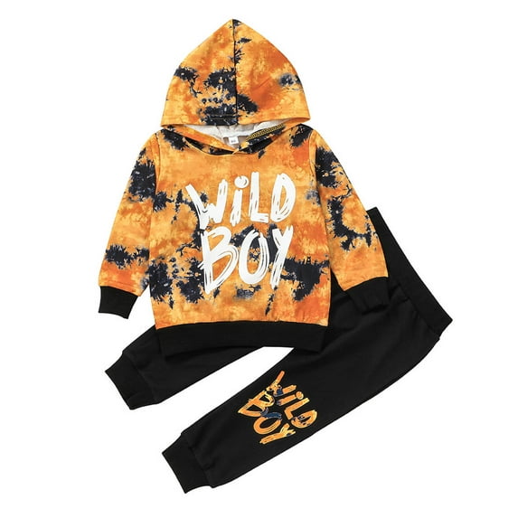 FRSASU Kids Clothing Clearance Children's Pullover Two-piece Children's Hooded Sweater + Trousers Suit Orange 2-3Years