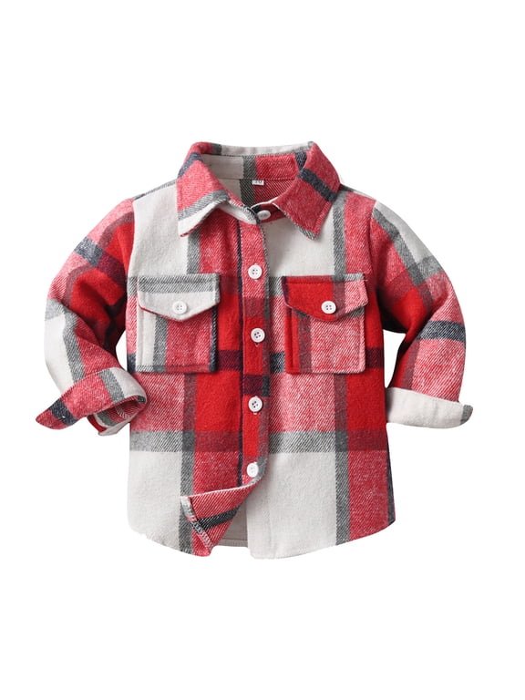 Kids Clothing Kids Toddler Flannel Shirt Jacket Plaid Long Sleeve Shacket Baby Boys Girls Fall Shirt Coat Outwear Red 3-6 Months