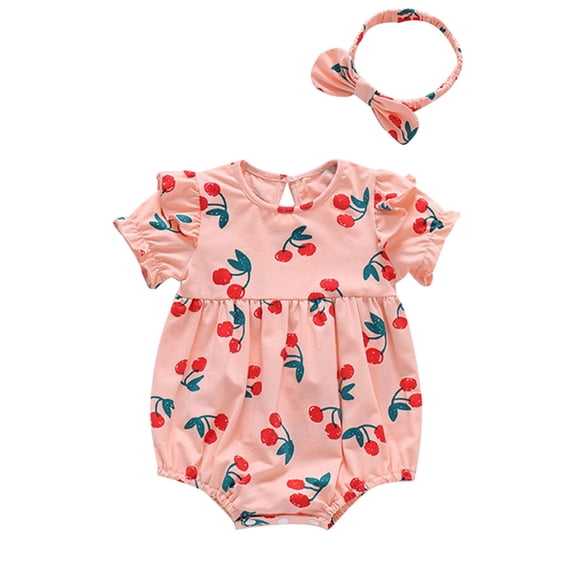 FRSASU Kids Clothing Clearance born Infant Baby Girls Print Ruched Romper Bodysuit Hairband Clothes Outfits Pink 90(18-24 Months)