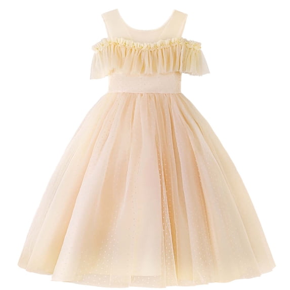 FRSASU Kids Dress Girls Sleeveless Shoulder Princess Dress Flower Mesh Polka Dress Beige 7-8 Years
