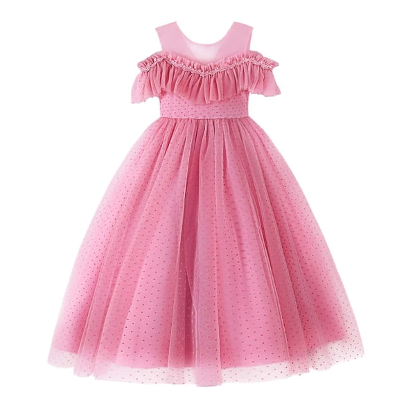 FRSASU Kids Dress Girls Sleeveless Shoulder Princess Dress Flower Mesh Polka Dress Pink 9-10 Years