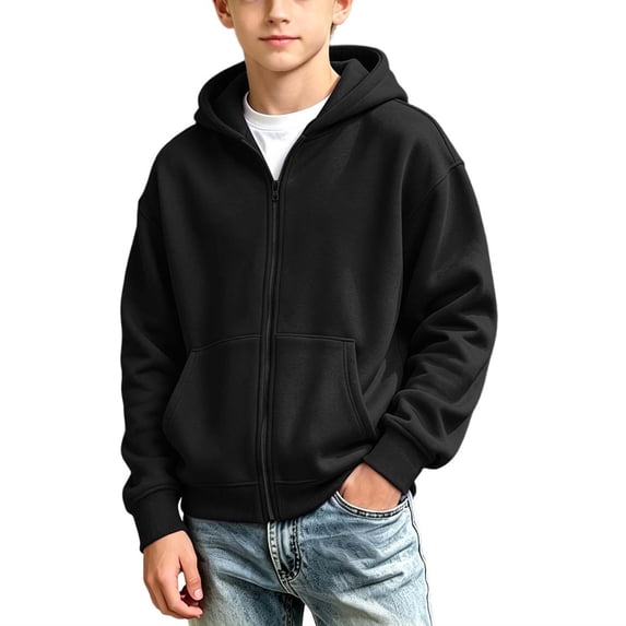 FRSASU Kids Full Zip Hooded Fleece Jacket Boys Long Sleeve Zip‑Up Hoodie Sweatshirt with Kangaroo Pockets Warm Fleece‑Lined Casual Outerwear for Fall Winter Black