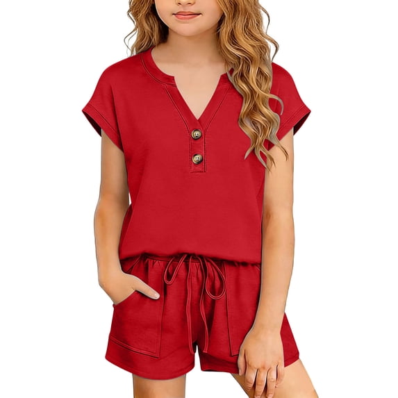 FRSASU Kids Girls 2 Piece Casual Set Button Down V-Neck Top with Elastic Waist Shorts Loose Comfy Summer Loungewear Outfit with Pockets Red