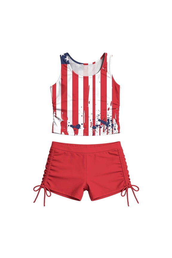 Kids Girls 2 Piece Tank Swimsuit Patriotic USA Flag Print Swim Top with Side Drawstring Shorts Quick Dry Bathing Suit Red-D
