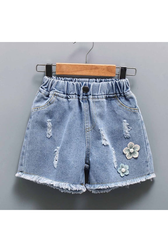Kids Girls Summer Denim Shorts Pants Jeans Childrens Ripped Raw Edge Cute Breathable Elastic Waist Short Blue