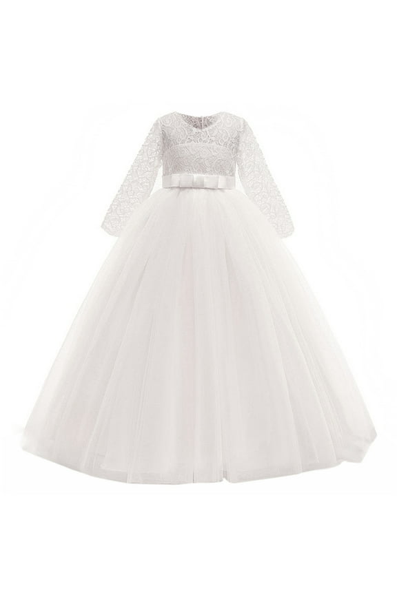 Kids Girls Vintage Flower Lace 3/4 Sleeves formal Wedding Party Dance Dress White 3-4 Years