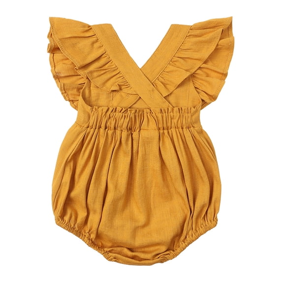 FRSASU Kids Jumpsuit Clearance,Toddler Baby Girls Solid Color Cotton Linen Ruffles Backless Jumpsuit Romper Yellow 9-12 Months