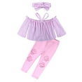 thumbnail image 1 of FRSASU Kids Pants ,Children Girls off Shoulder Stripe Tops+Ripped Pants+Headbands Set Outfit, 1 of 9