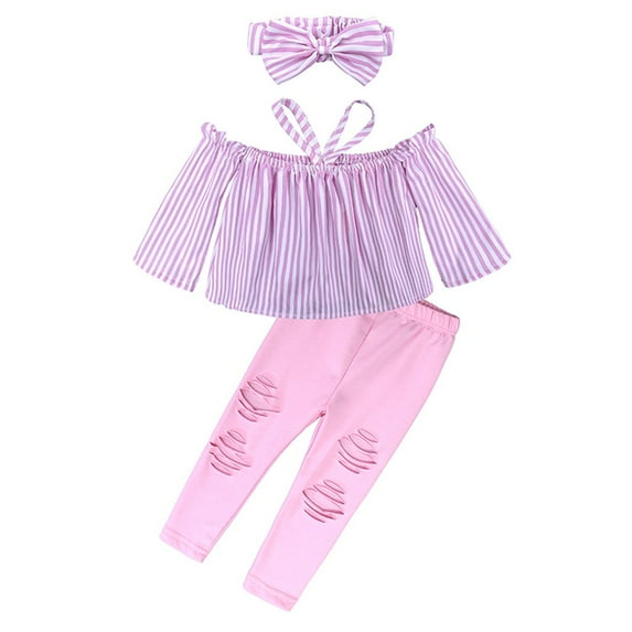 FRSASU Kids Pants ,Children Girls off Shoulder Stripe Tops+Ripped Pants+Headbands Set Outfit