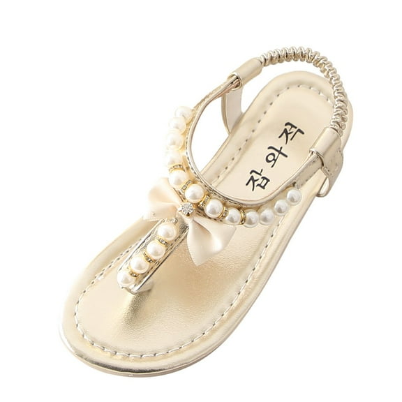 FRSASU Kids Sandals Summer Toddler Infant Bowknot Pearl Princess Thong Sandals Shoes Gold 9.5C(26)