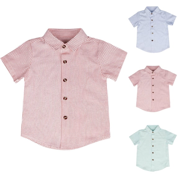 FRSASU Kids Short Sleeve Button Down Cotton Shirts Solid StripedSeersucker Shirt with Chest Pocket 5-14 Years Red