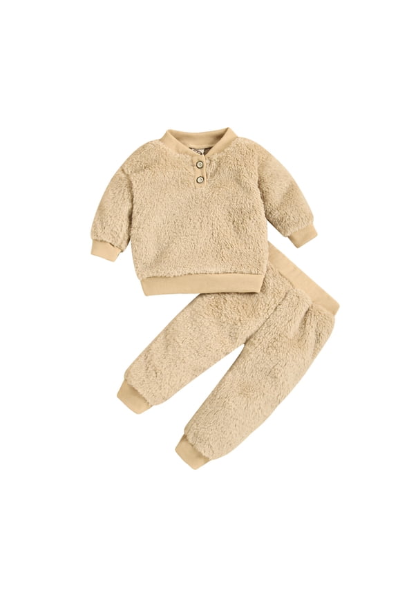 Kids Suit Set Toddler Babys Solid Color Plush Long Sleeve Winter Thick Home Suit Khaki 12-18Months