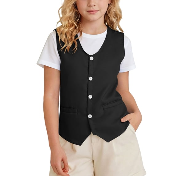 FRSASU Kids Vest School Activity Uniform Waistcoat Boys Girls Button Up Sleeveless Costume Vests Jacket with Pockets Black