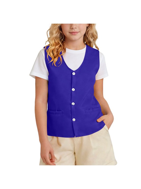 Kids Vest School Activity Uniform Waistcoat Boys Girls Button Up Sleeveless Costume Vests Jacket with Pockets Blue-A