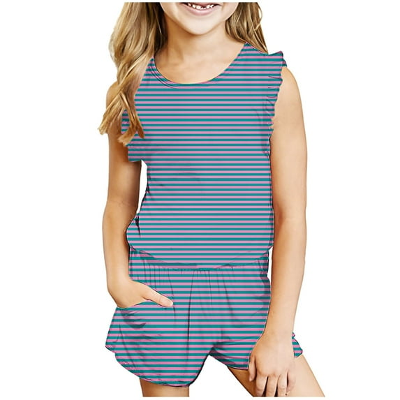 FRSASU Kids short sets Clearance,Girls' Sleeveless Tops Round Neck Collar Printed Short Pants Sets Sky Blue 5-6 Years