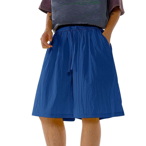 FRSASU Knee Length Cotton Linen Shorts for Men Summer Elastic Waist Basic Short Pants Linen Loose Men's Bermuda Shorts Blue