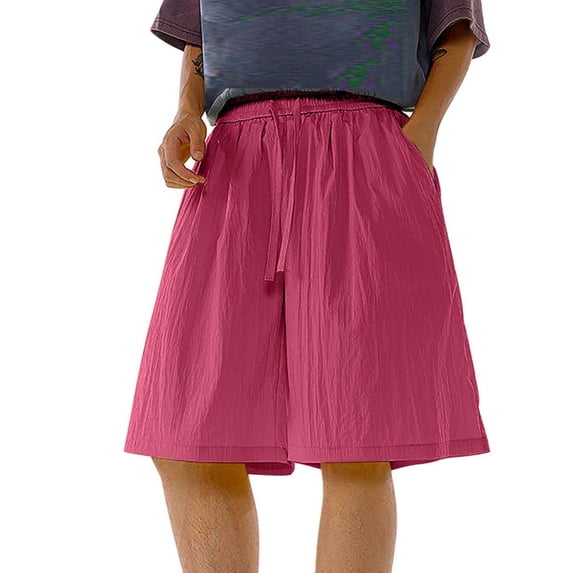 FRSASU Knee Length Cotton Linen Shorts for Men Summer Elastic Waist Basic Short Pants Linen Loose Men's Bermuda Shorts Hot Pink
