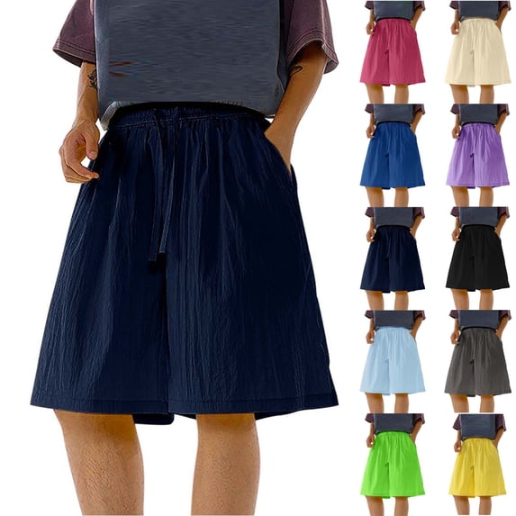 FRSASU Knee Length Cotton Linen Shorts for Men Summer Elastic Waist Basic Short Pants Linen Loose Men's Bermuda Shorts Yellow