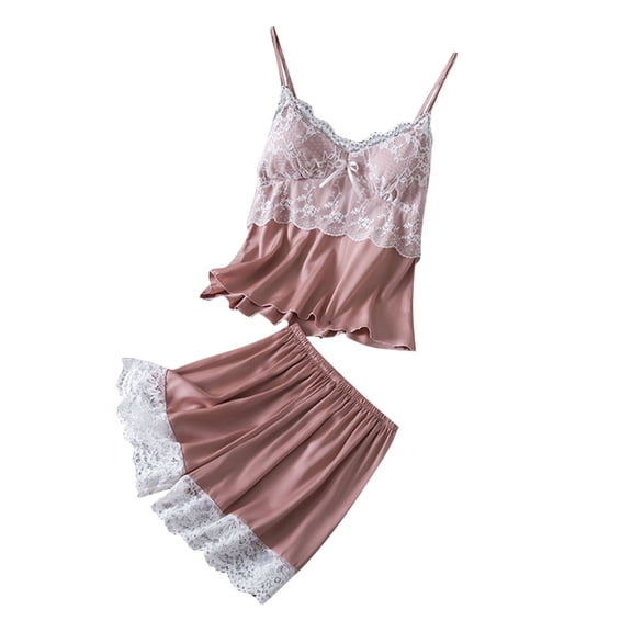 FRSASU Lace Pajamas for Women Set Pajama Fashion Casual Short Set Tank&Shorts V Neck Sleepwear with Chest Mat Pink