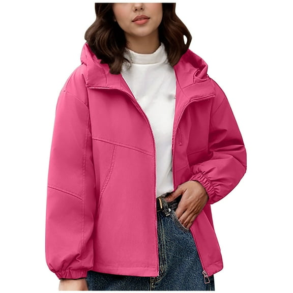 FRSASU Ladies' Casual Solid Color Cotton Jacket Long Sleeve Fashion Hooded Coat Top Hot Pink
