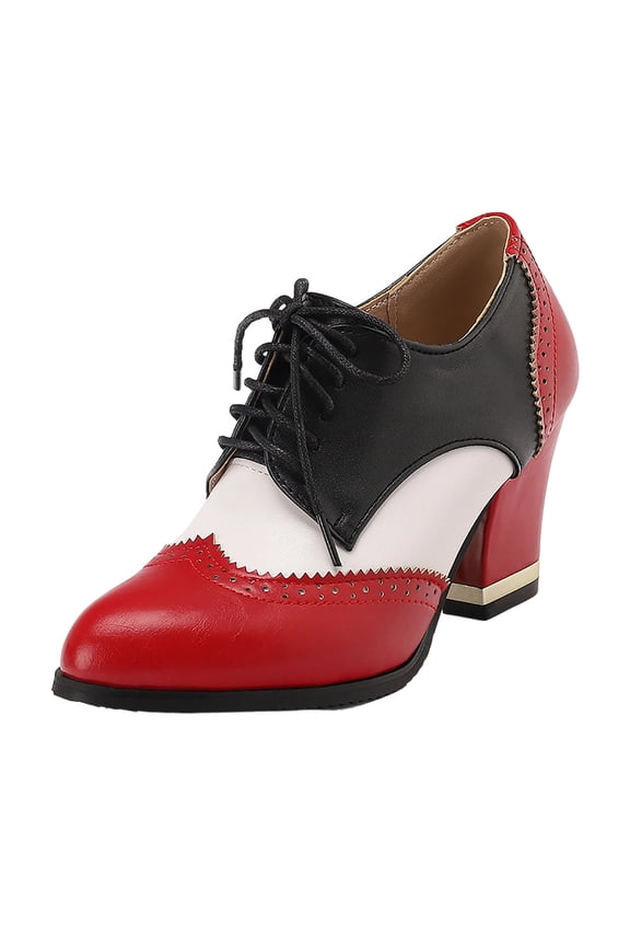 Ladies Thick Sole Heel Waterproof Color Blocked British Style Front Casual High Heels, Pu Upper Outdoor Leisure Shoes Red