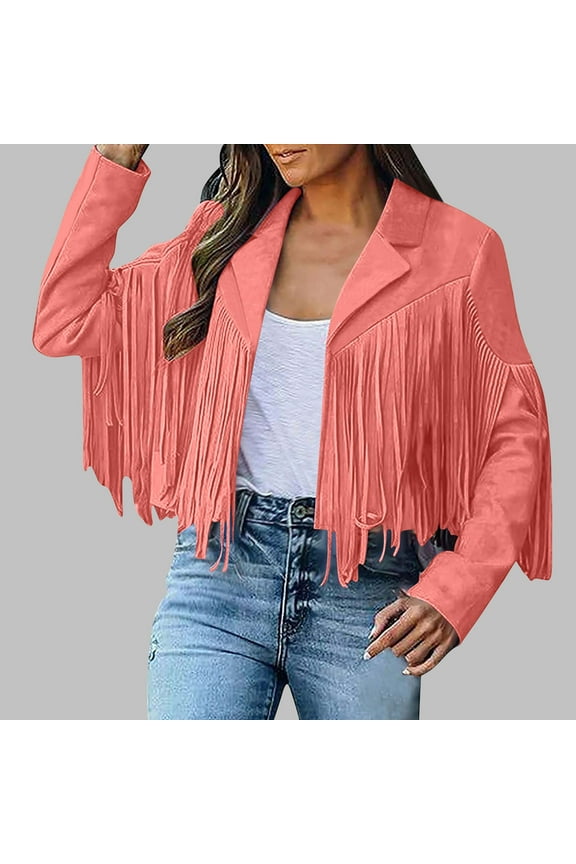 Leather Lapel Jacket Women Oversized Fringe Cropped Long Sleeve Western Cowgirl Motorcycle Coat Orange