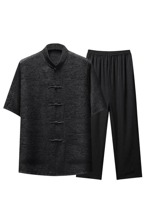 Letter Graphics Embroidery Chinese Tang Suit for Men Kung Fu Uniform Short Sleeve Button Down Shirt and Pants Traditional Clothes Hanfu Tai Chi Clothes Black