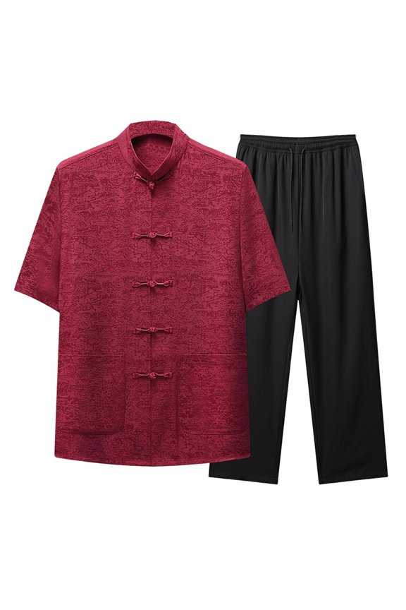 Letter Graphics Embroidery Chinese Tang Suit for Men Kung Fu Uniform Short Sleeve Button Down Shirt and Pants Traditional Clothes Hanfu Tai Chi Clothes Red