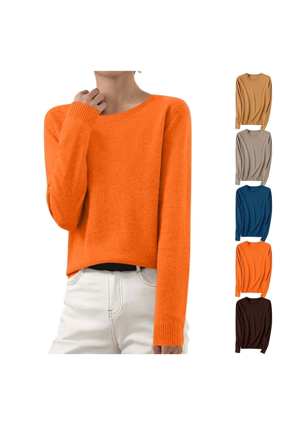 Light Sweaters for Women Long Sleeve Crewneck Tops Warm and Soft Knitted Pullover Blouse Orange