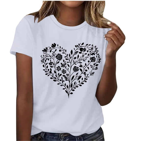 FRSASU Lightweight Short Sleeve T-Shirt for Women Valentine Print Graphic Round Neck Holiday Casual Trendy Clothes White