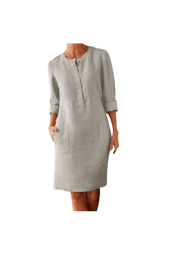 Linen Cotton Dress for Women Button Shirt Dress Long Sleeve Round Neck Dressy Casual Dresses with Pocket Beige Large(L)