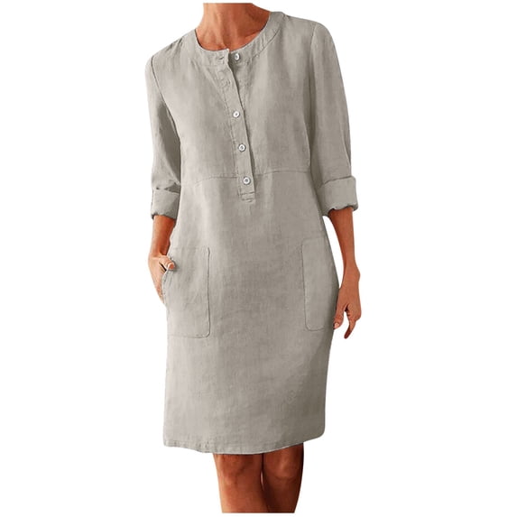 FRSASU Linen Cotton Dress for Women Button Shirt Dress Long Sleeve Round Neck Dressy Casual Dresses with Pocket Beige Medium(M)
