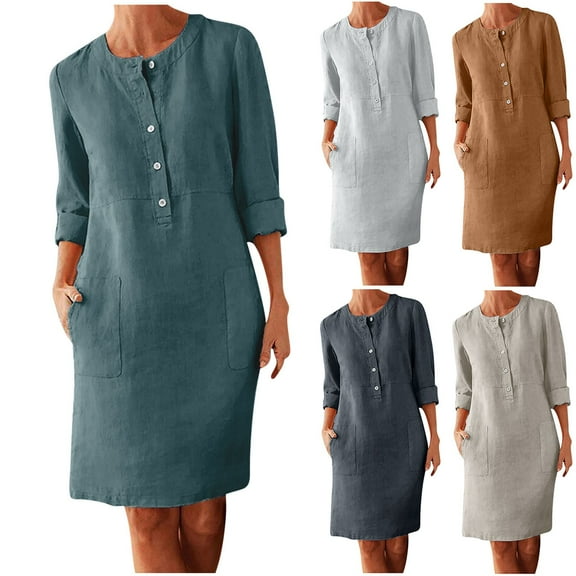 FRSASU Linen Cotton Dress for Women Button Shirt Dress Long Sleeve Round Neck Dressy Casual Dresses with Pocket White X-Large(XL)