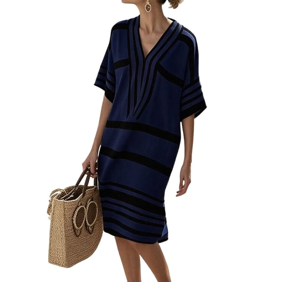 FRSASU Linen Dresses for Women 3/4 Sleeve Striped Dress Summer V-Neck Boho Vacation Dress Casual Outfits Dark Blue