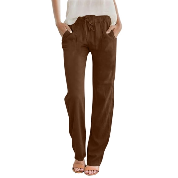 FRSASU Linen Pants Women Spring Summer Dressy Casual High Waisted Drawstring Pant Cotton Straight Leg Lounge Trousers Brown